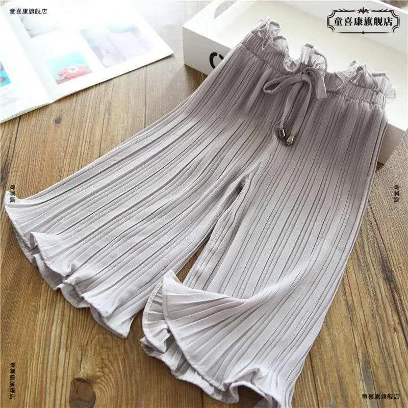 Girls Pants Summer Elastic Chiffon Breathable Loose Wide Leg Pants Girl Clothes Casual Pleated Leggings for Girls