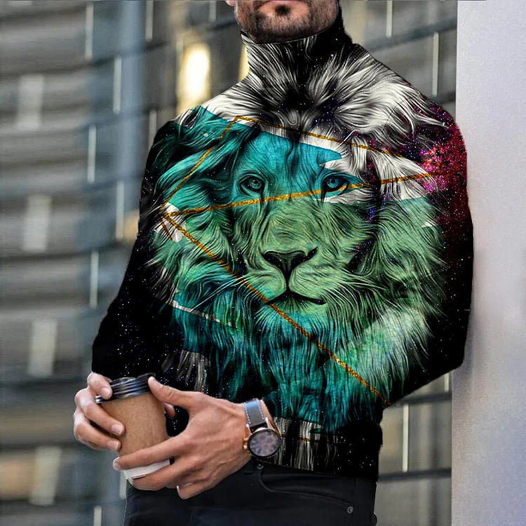 Men's Casual Lion Print Long Sleeve Turtleneck Top