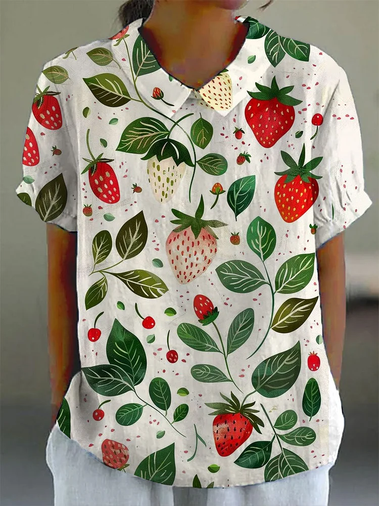 Women's Strawberry Print Casual Lapel Top