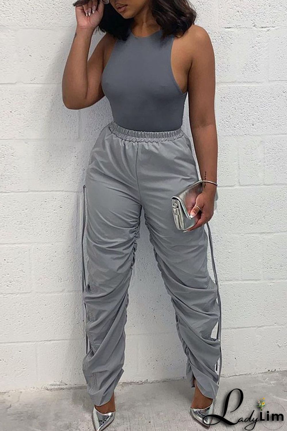 Green Casual Solid Patchwork Draw String Fold High Waist Pencil Solid Color Bottoms