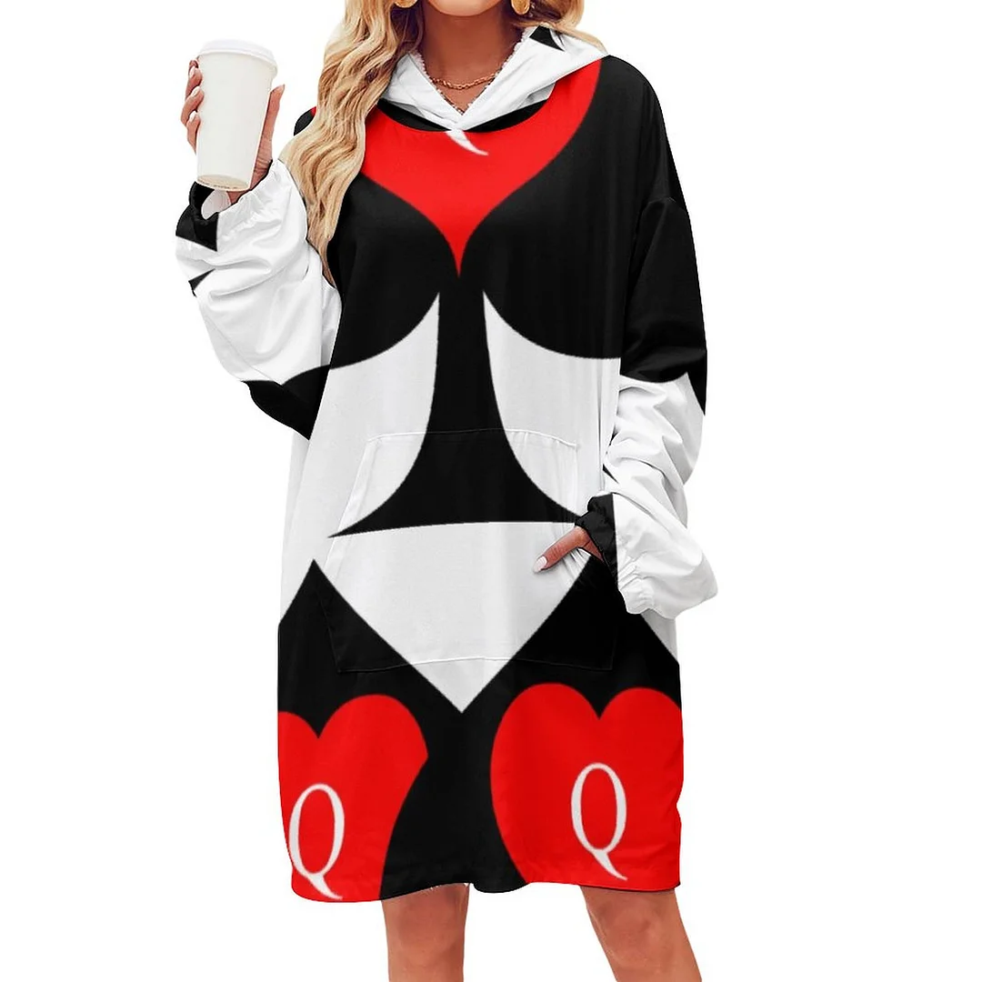 Black Queen Of Spades Red Heart Thunder Cove Oversized Sherpa Fleece Sweatshirt Blanket Hoodie Warm Cozy Wearable Tops