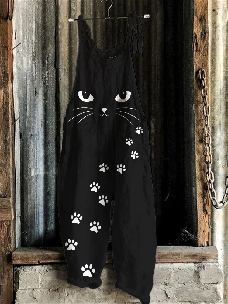 Cat Face Paw Prints Loose Fit Jumpsuit
