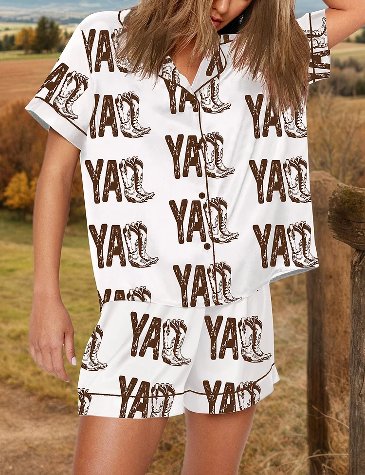 Women's Y'all Cowboy Boots Boho Western Short Sleeve Satin Pajama Set