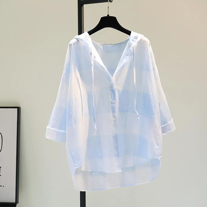 Uveng Uveng Lattice Hooded Sunscreen Woman 2025 Spring And Summer New Korean Version Of Loose Casual Shirt Thin Top Card