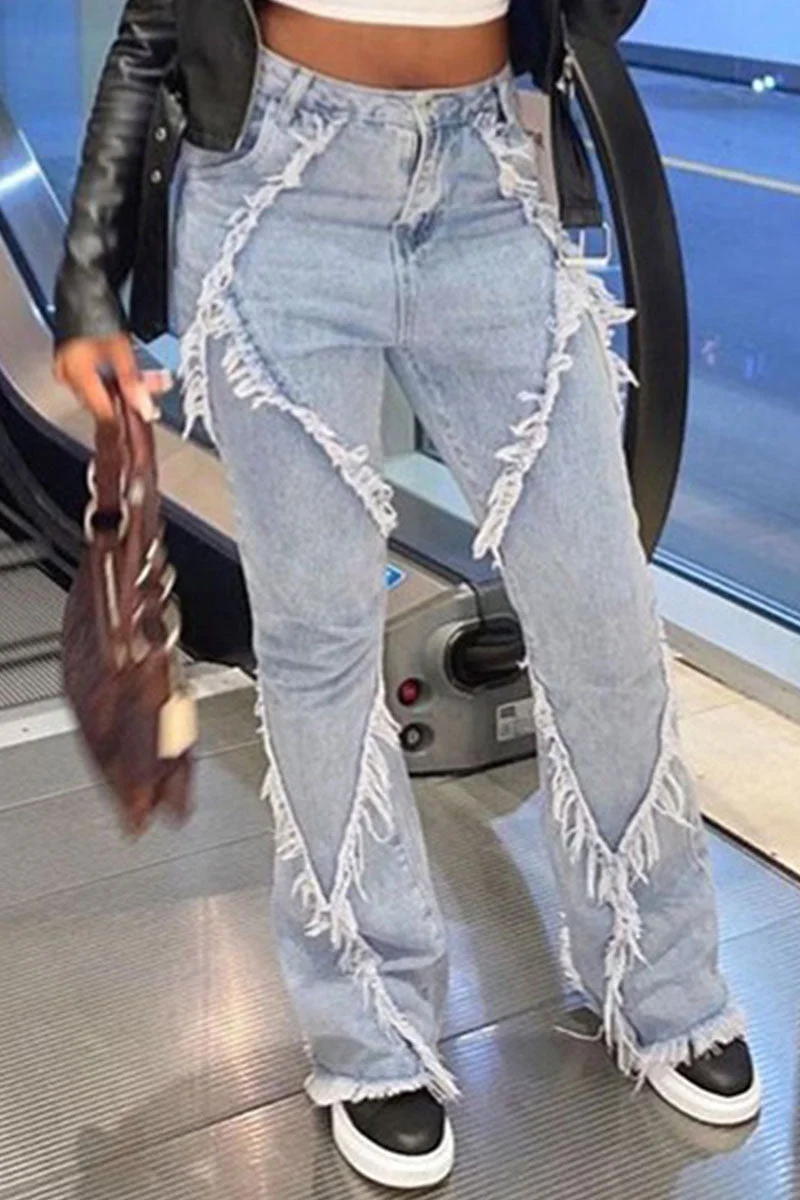 Fashion Casual Street Solid Make Old Split Joint High Waist Straight Denim Jeans