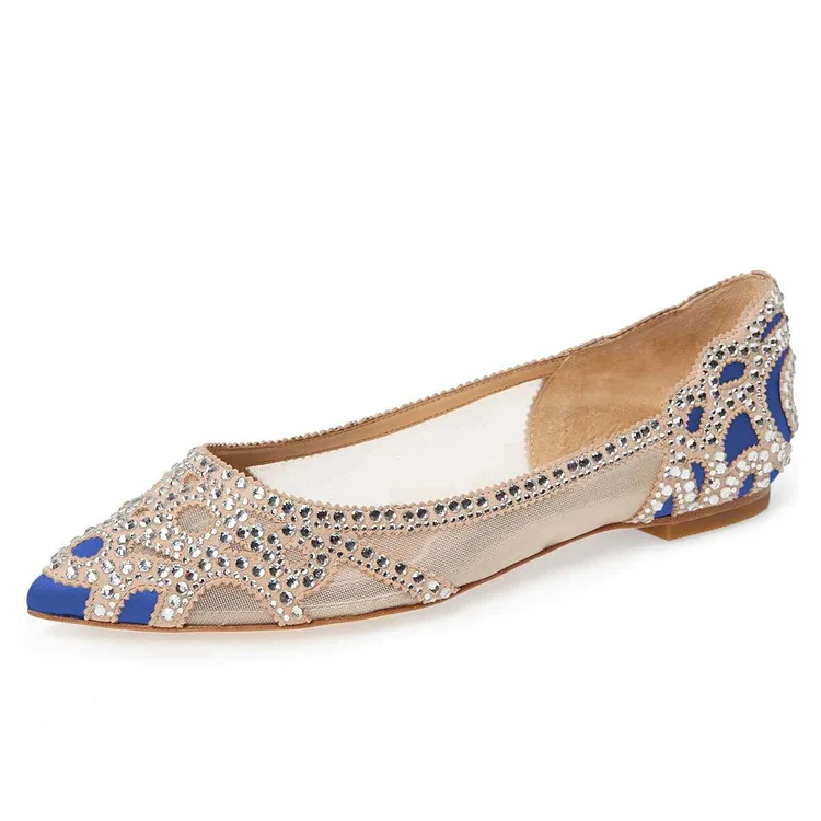 Blue Flat Wedding Shoes Pointy Toe Rhinestone Hotfix Bridal Shoes |FSJ Shoes