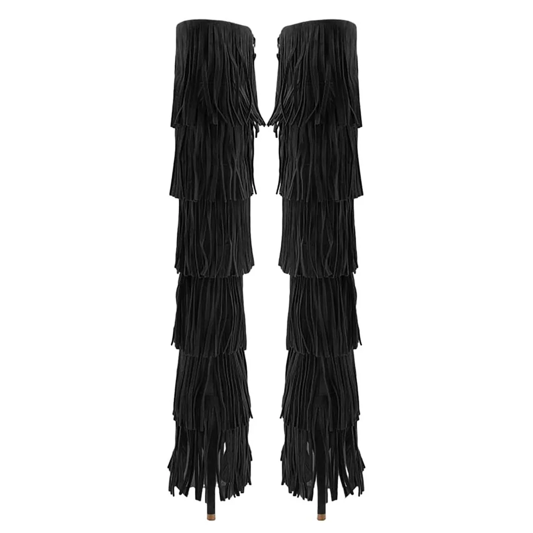Black Fringe Pointed Toe Stiletto Heel Knee High Boots with Zipper