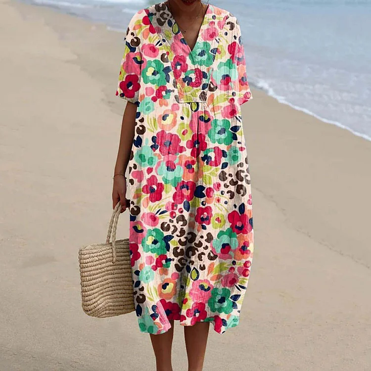 Casual And Fun Colorful Floral Print V-Neck Cotton Linen Dress