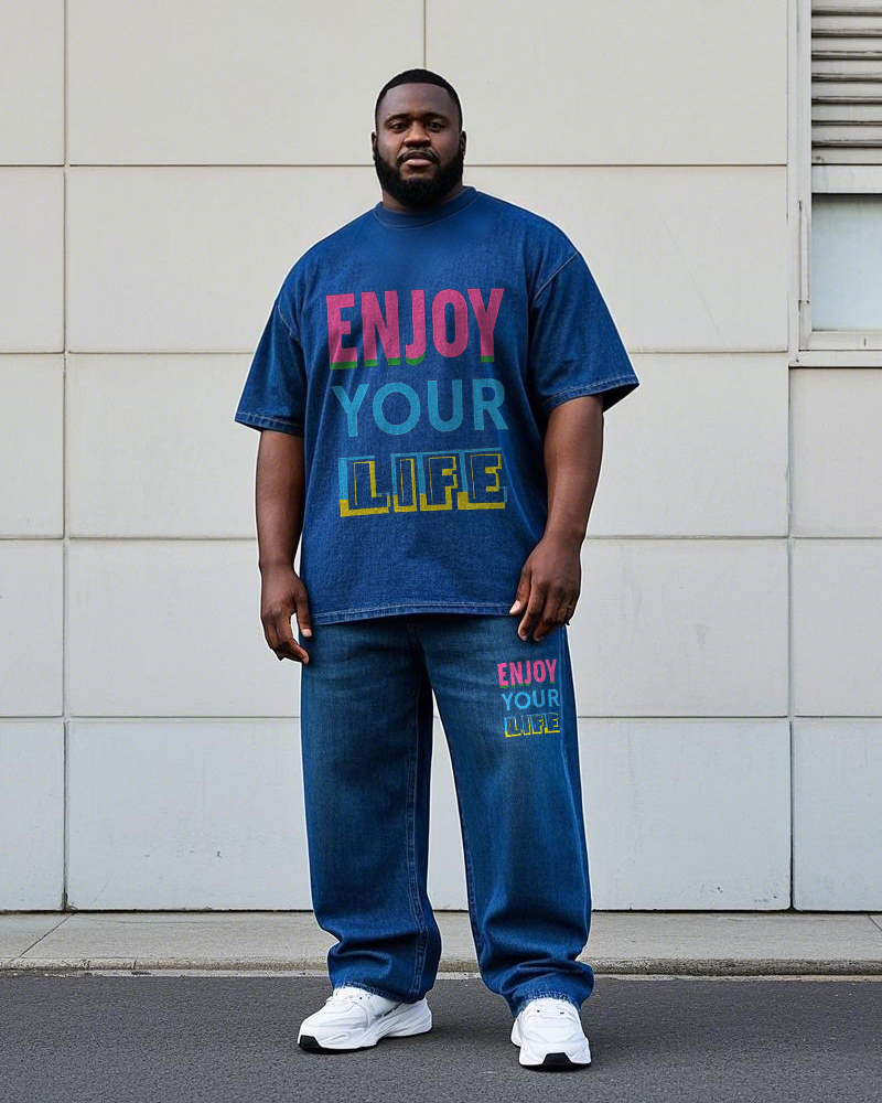 Big Men's Washed Denim ENJOY YOUR LIFE Simple Letter Printed Short Sleeve T-shirt Pants Set