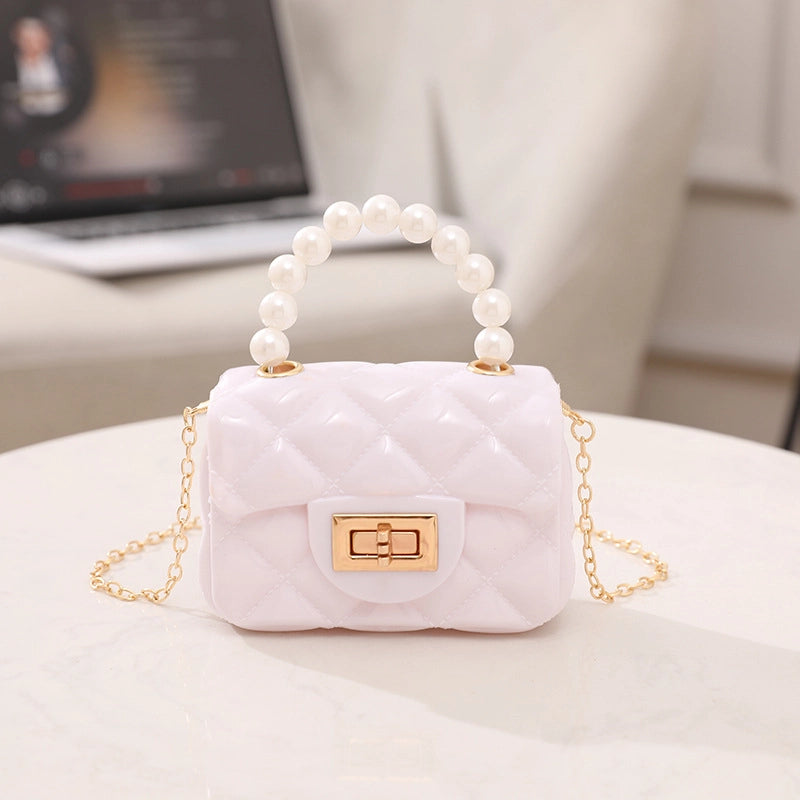 Women’s PVC Solid Color Cute Beading Pearls Square Lock Clasp Crossbody Bag