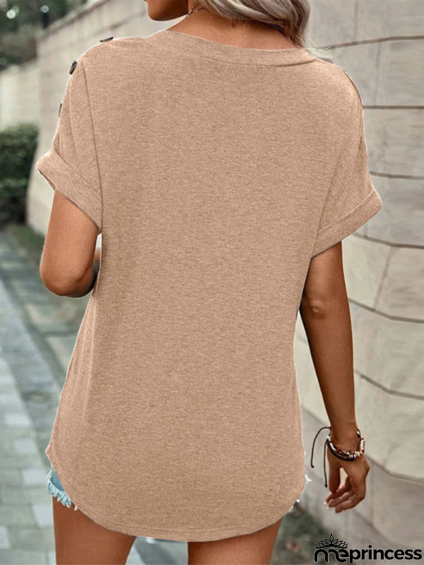 Solid Short Sleeve V-Neck Top with Buttons