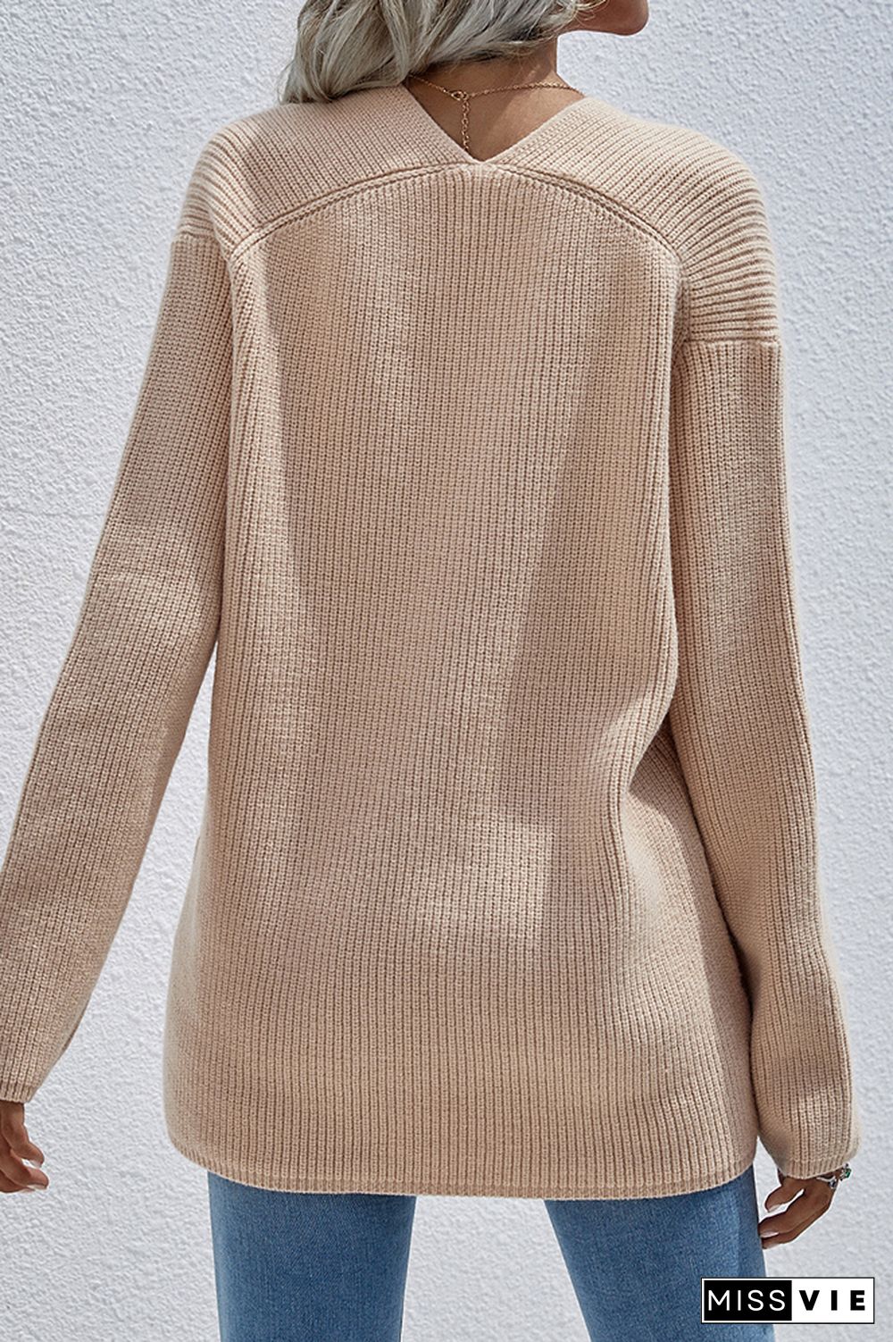 V-neck Long Sleeves Loose Solid Color Pullover Sweater Wholesale