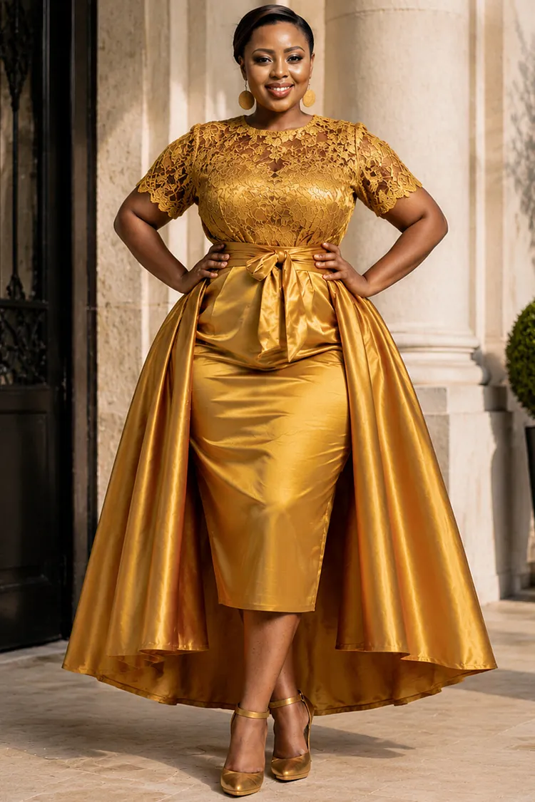 Xpluswear Design Plus Size Formal Satin Gold Round Neck Short Sleeve With&nbsp;Skirt&nbsp;Overlay&nbsp;Contrast Lace Midi Dresses [Pre-Order] 2024 - Xpluswear