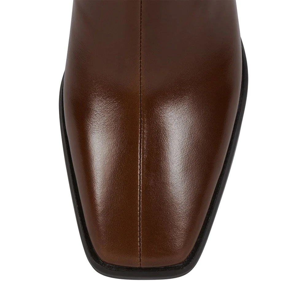 Chocolate Brown Square Toe Side Zipper Block Mid Heel Boots for Women