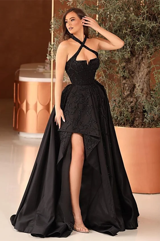 Daisda Black A Line Prom Dress With Appliques For Party