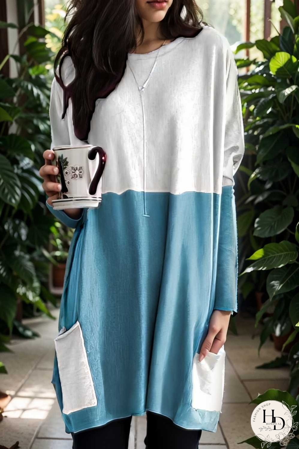 two color stitching pocket loose long sleeve t shirt