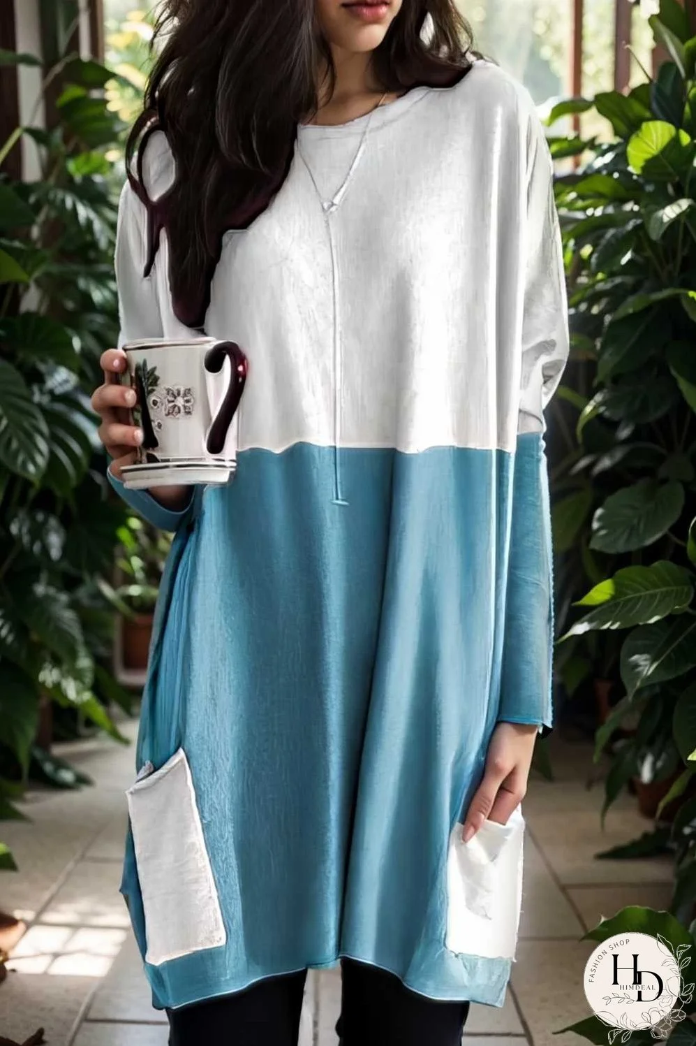 two color stitching pocket loose long sleeve t shirt