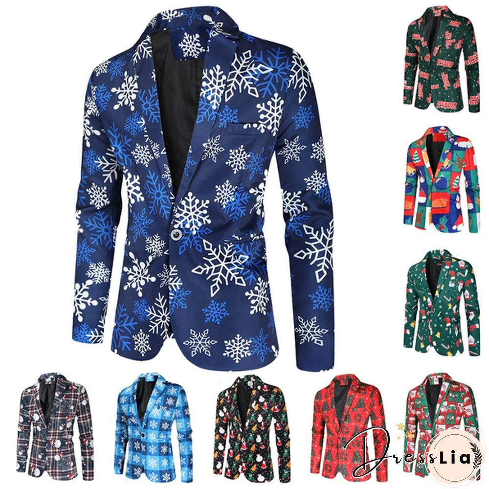 9-Colors Men's Fashion Christmas Blazer Jacket Xmas Long Sleeve Gentleman Suits Tops Snowman Snowflake Print Green Red Blue