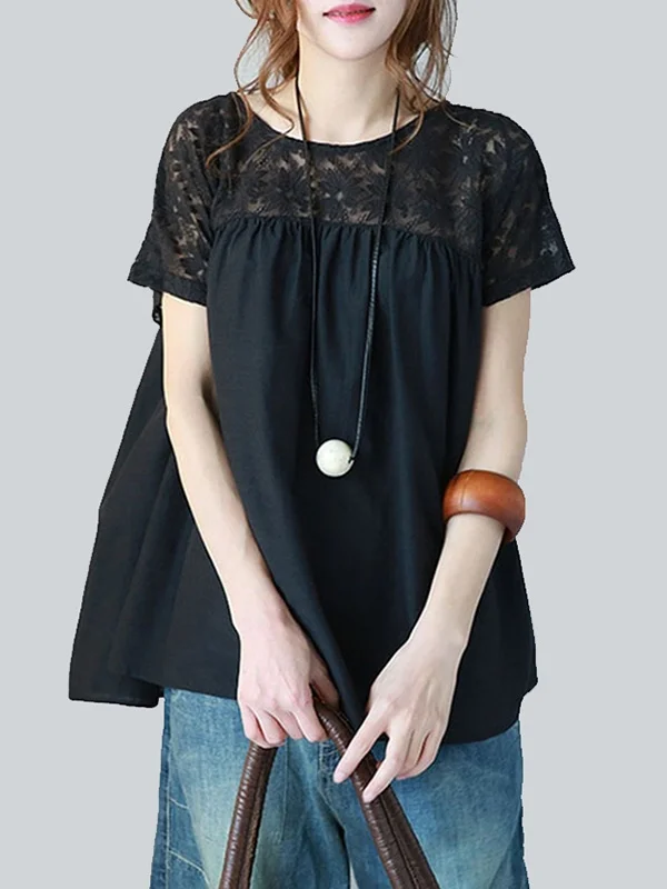 Vintage Solid Color Split-Joint Pleated Embroidered Hollow Lace Round-Neck Short Sleeves T-Shirt