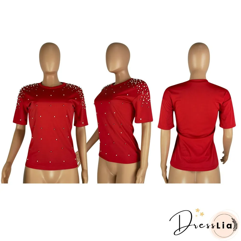 Plus Size Summer Round Neck Casual Short Sleeves Round Neck Bead Nail Decoration Women T-Shirt