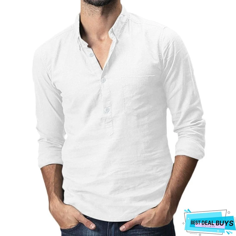 Men's Baggy Cotton Linen Solid Multi-Pocket Short Sleeve Turn-down Collar Shirts Linen