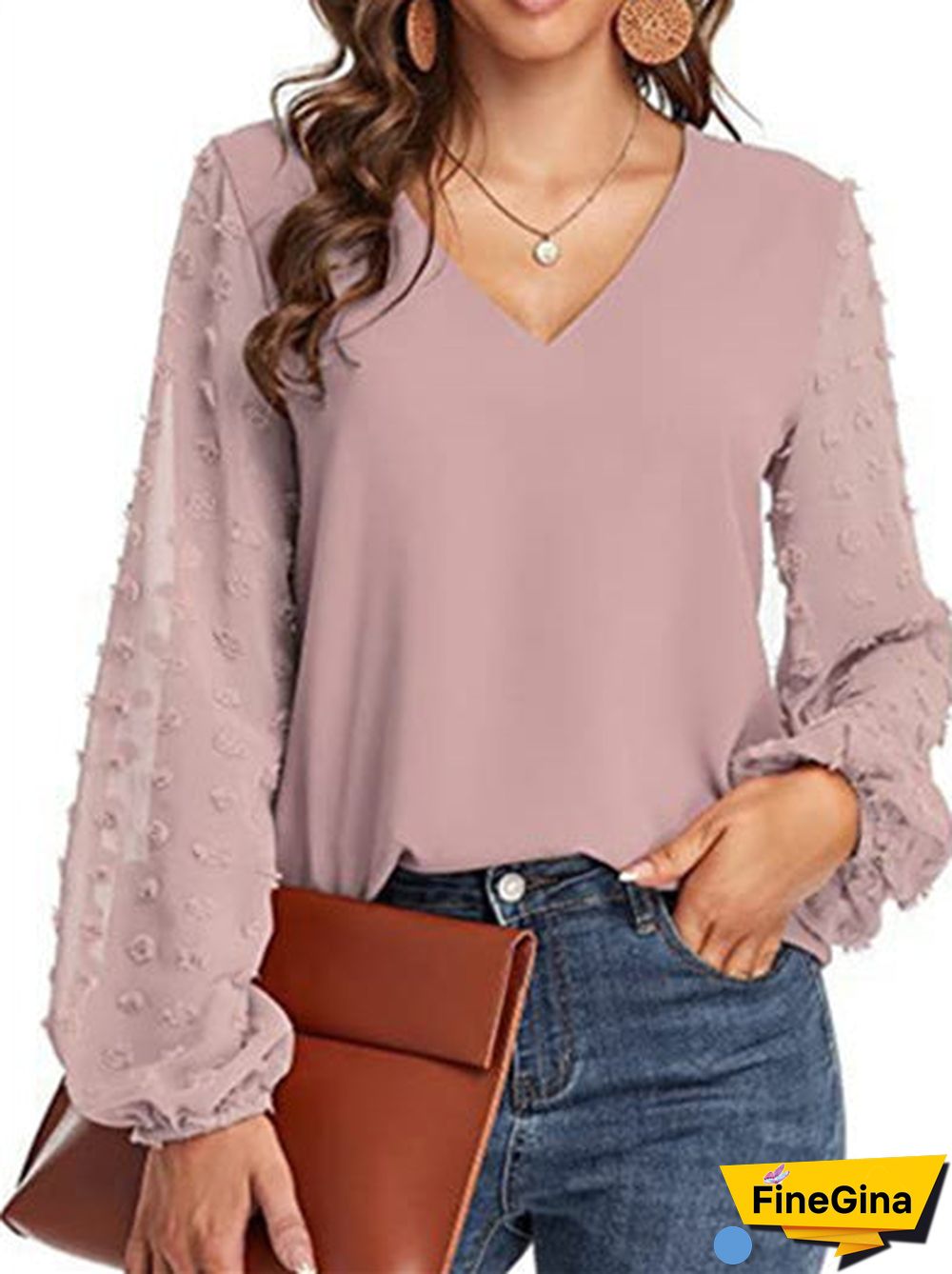 Women's Stitching Polka Dot Solid Color V-Neck Long Sleeve Top