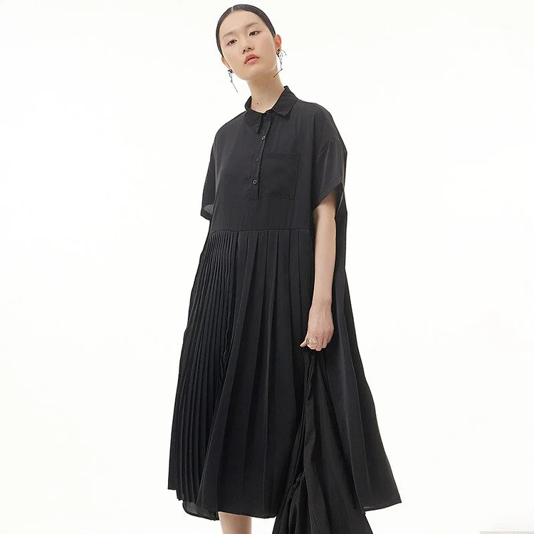 Fashion Loose Solid Color Irregular Lapel Pleated Split Short Sleeve Dress 