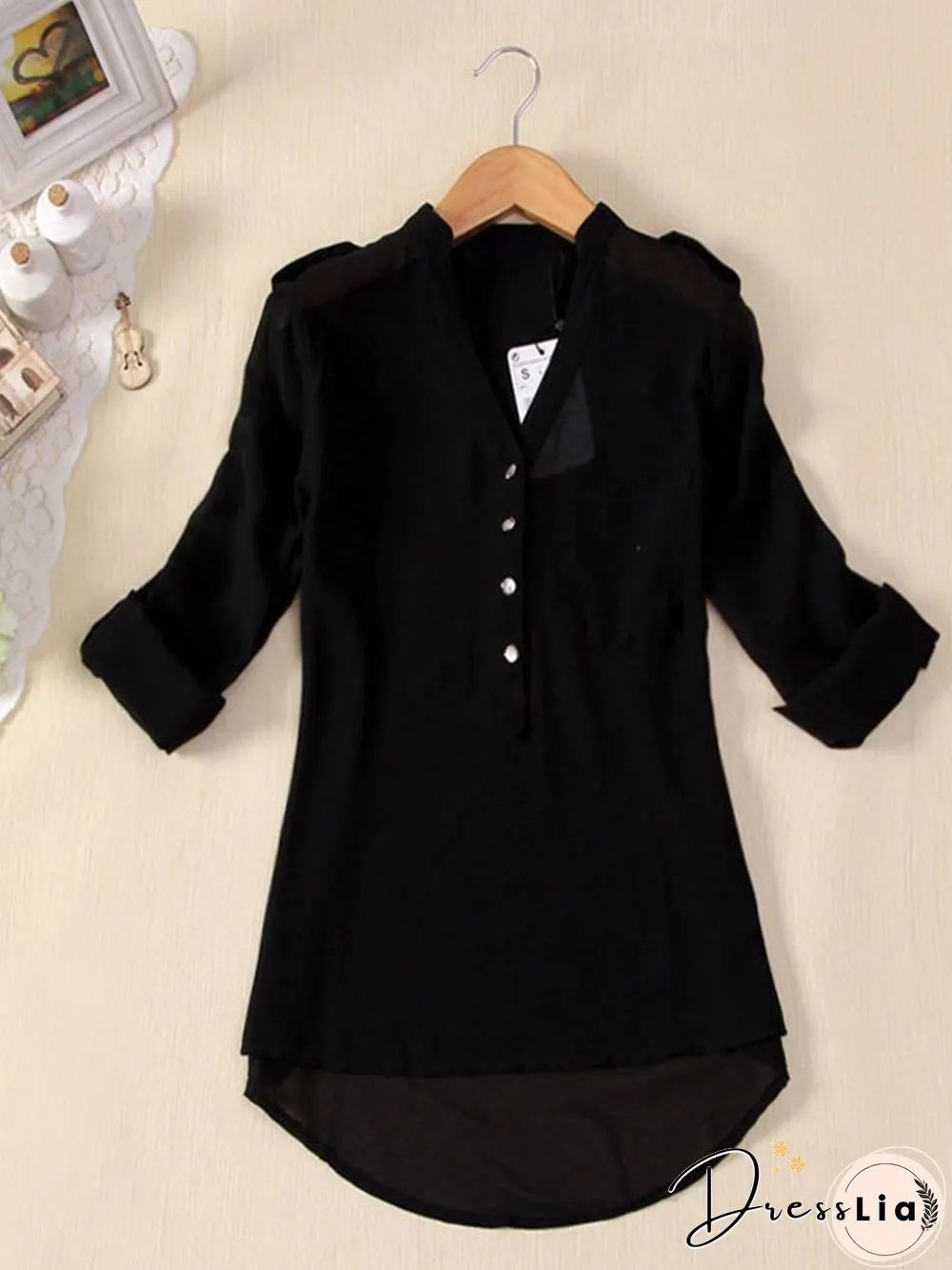 Plain Pockets V Neck Long Sleeve Plus Size Casual Shirts Tops