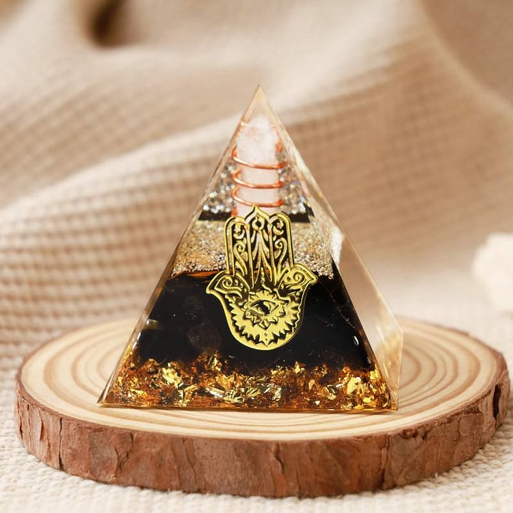 Clear Crystal With Obsidian Hamsa Orgone Pyramid