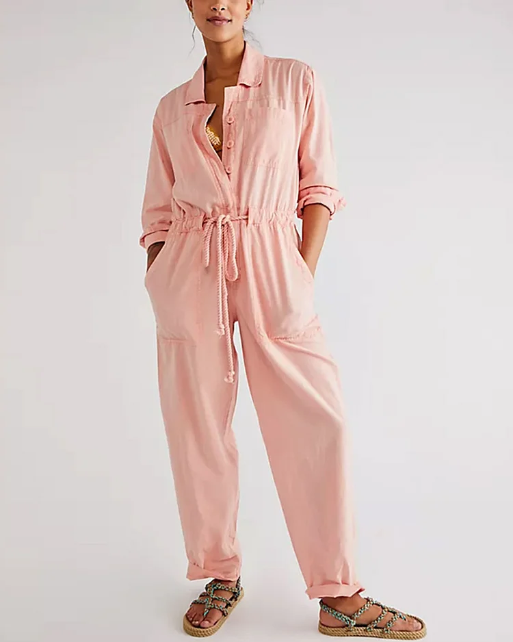 Casual Loose Linen Jumpsuit With Belt Coverall