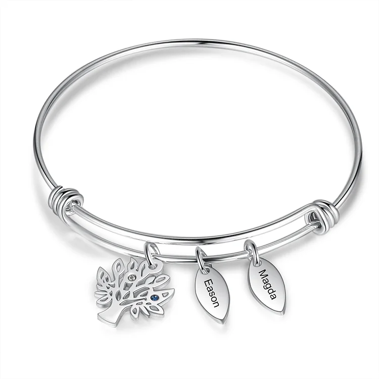 Personalized Family Tree Bracelet with 2 Birthstones Leaf Charms Bangle for Her