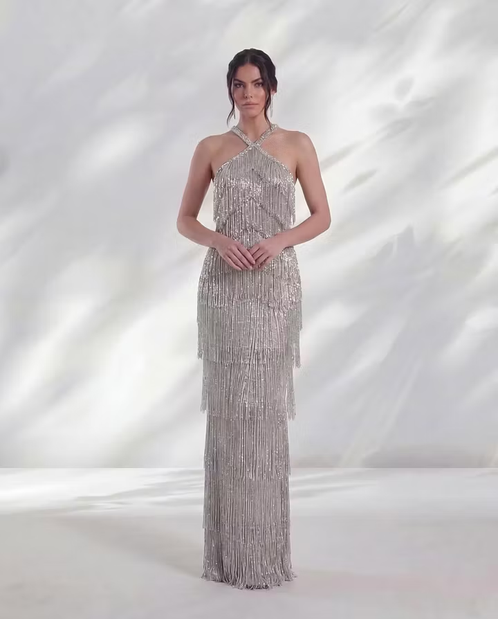 Halter Neck Strapless Sleeveless High-Waisted Long Prom Dress With Tassels | RH0013 Wellcucu