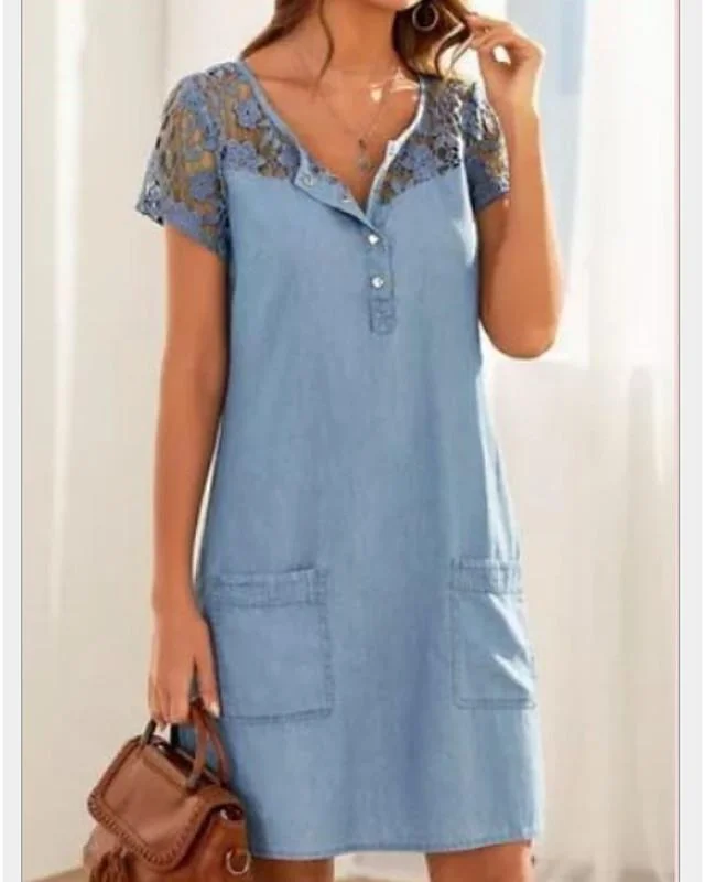 Women's Denim Dress Short Mini Dress Short Sleeve Lace Pocket Summer Hot Casual Cotton Light Blue S M L XL XXL