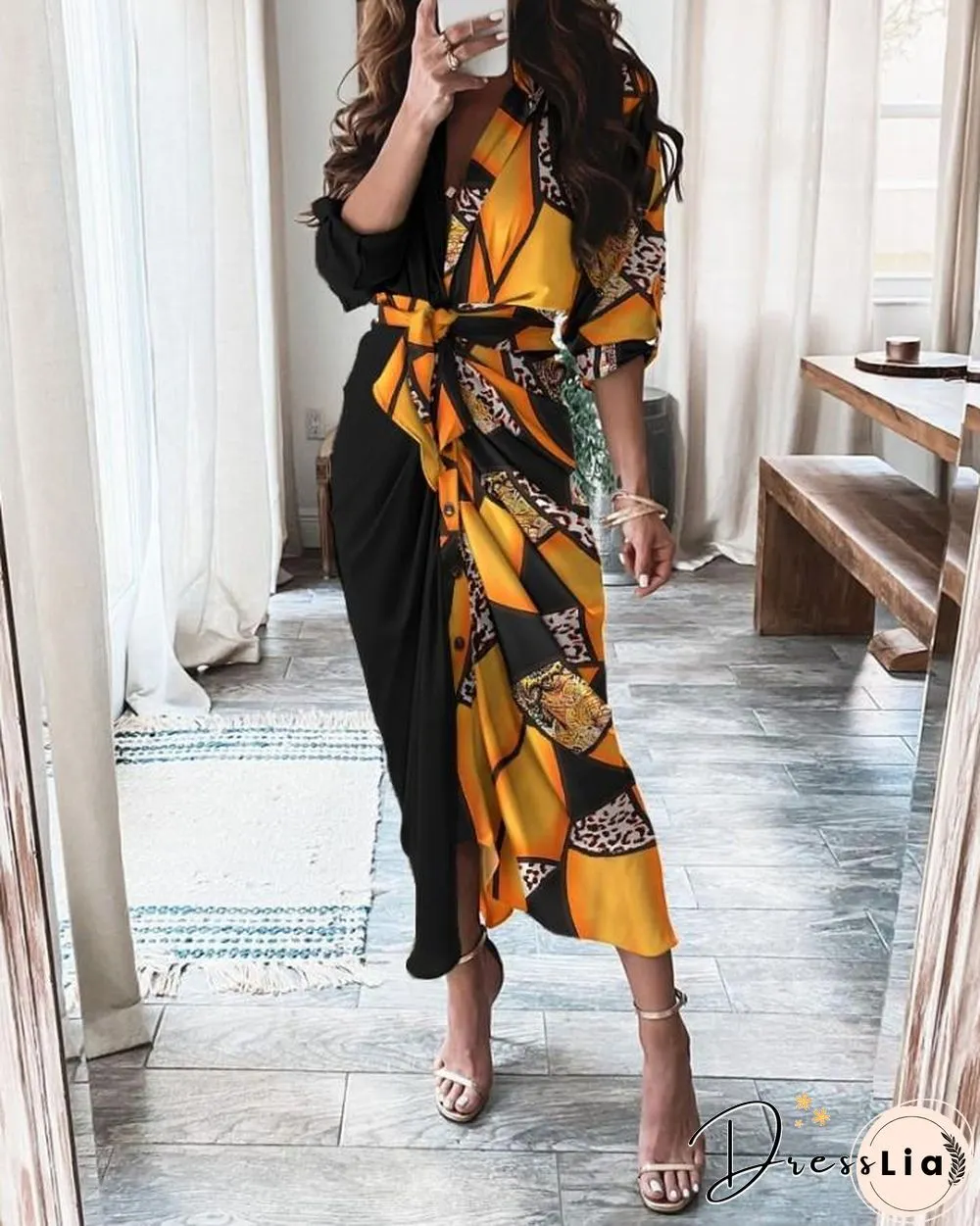 Graphic Print Long Sleeve Strap Slit Shirt Dress P12188