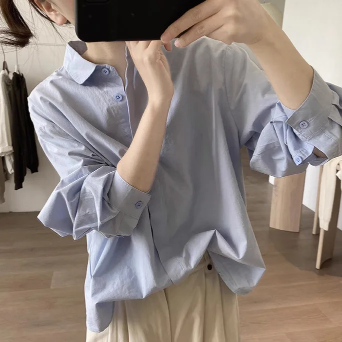 Athvotar Athvotar Shirt Women's Spring And Autumn New Loose Thin Korean Version Of Age-Reduction Long-Sleeved Basic Simple Solid Color Top