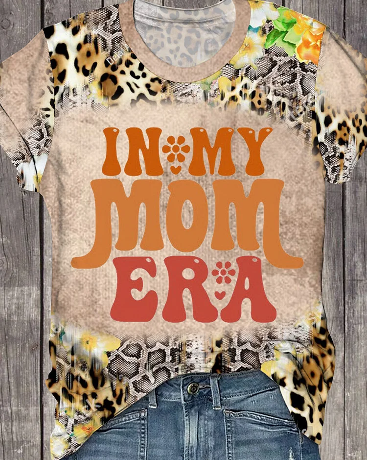 In My Mom Era Leopard Flower Print Round Neck Short Sleeve T-shirt