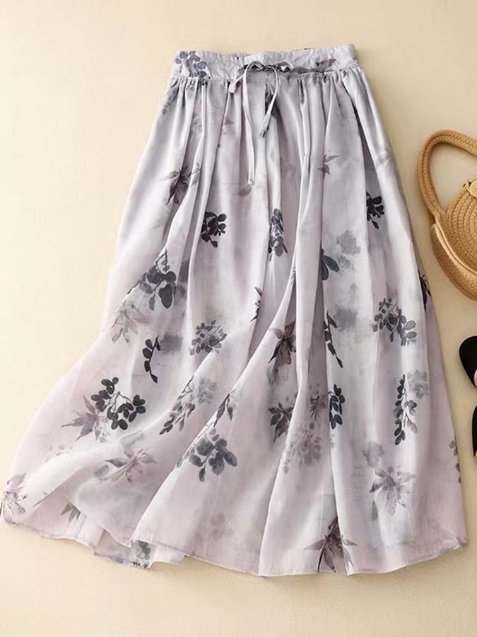 Botanical Floral Print Tie Loose Skirt