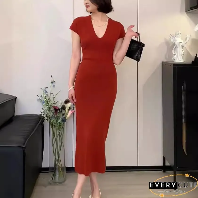 V Neck Long Sleeve Slit Midi Bodycon Dress