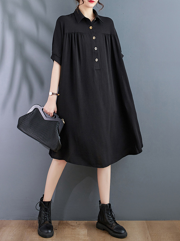 Single Breasted Short Sleeve Solid Color Loose Shirt Midi Dress