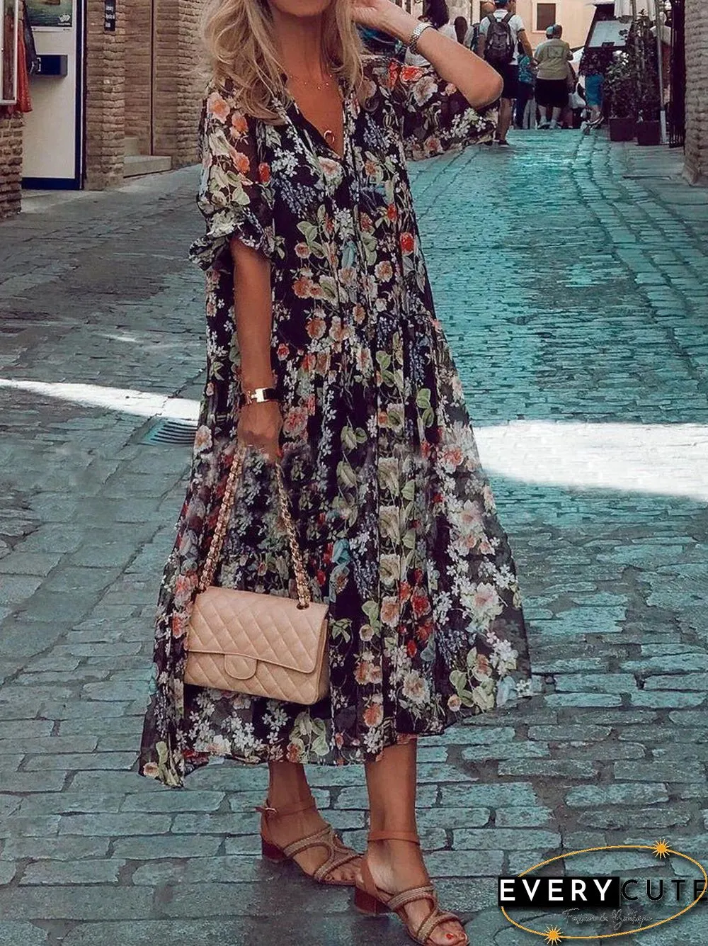 Women'S Dresses Loose V-Neck Lace-Up Print Dress