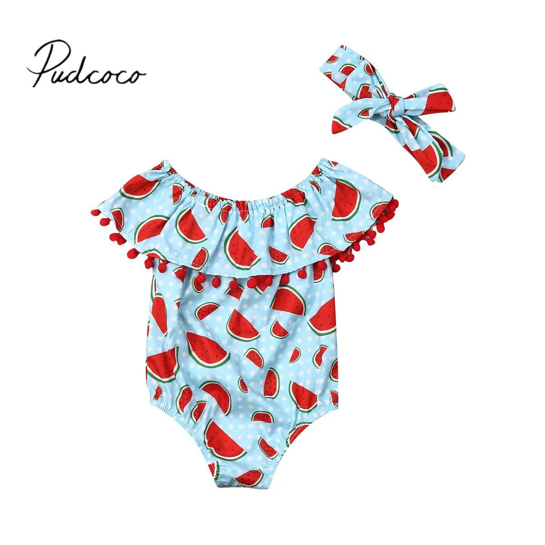 2019 Baby Summer Clothing 0-18M Infant Kids Baby Girl Watermelon Bodysuits Ruffles Short Sleeve Tassel Floral Jumpsuit +Headband