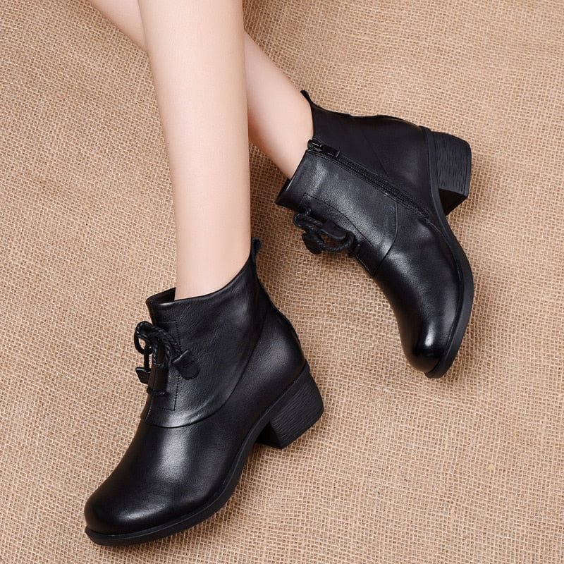 GKTINOO Genuine Leather Ankle Boots Retro Women Shoes 2021 New Autumn Winter Round Toe Square Heel Zip Cross-tied Women Boots