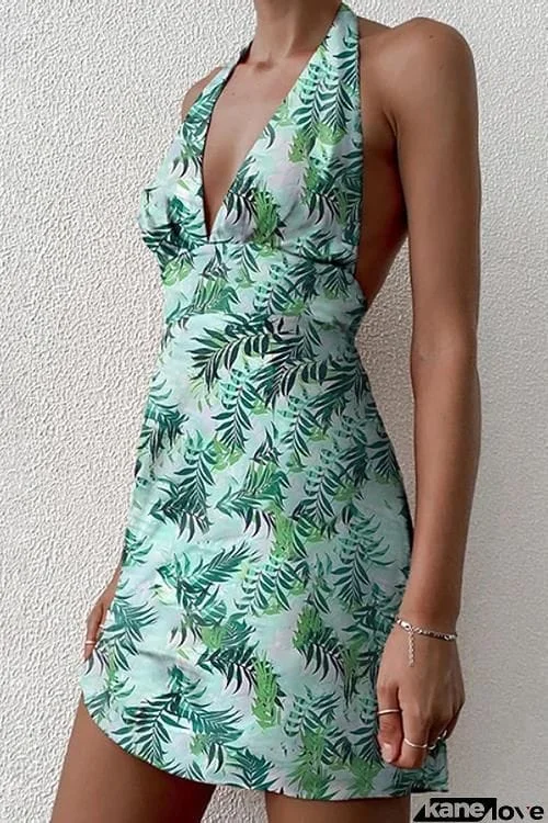 Print Halter Neck Backless Mini Dress