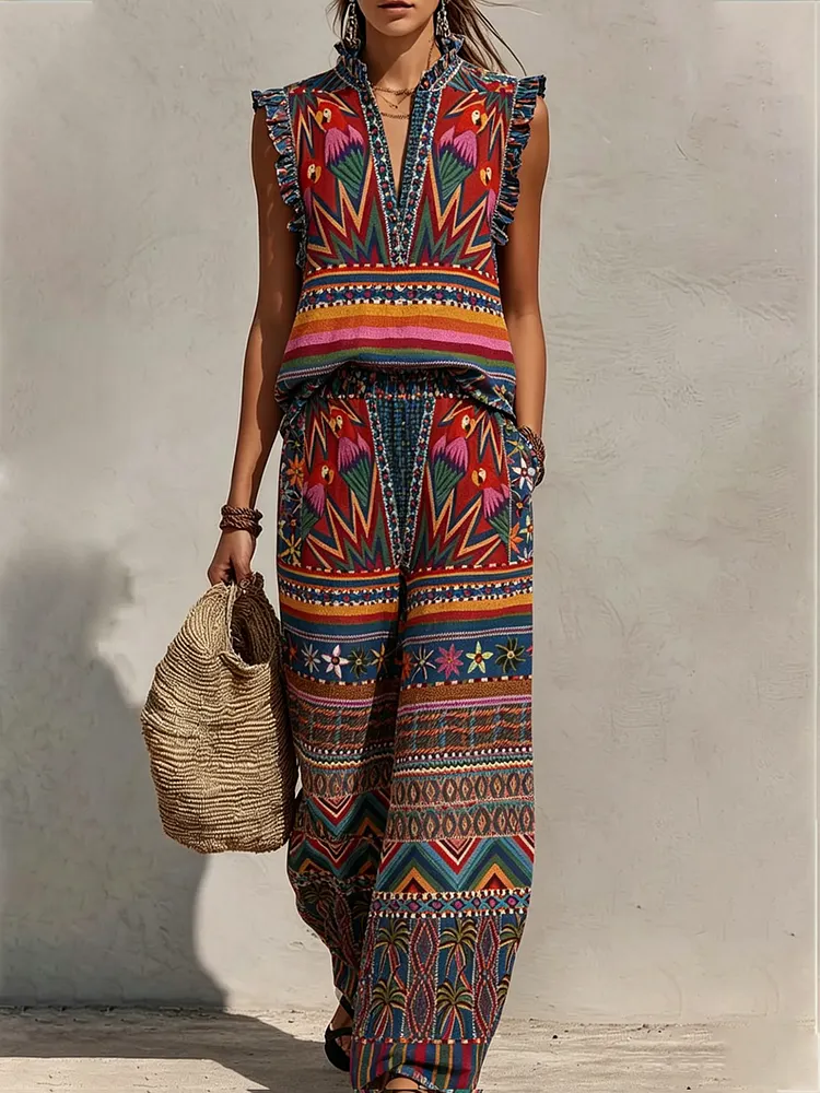 Women&rsquo;s Vintage Ethnic-Style Art Print Two-Piece Set