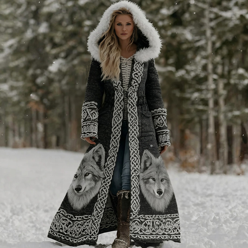 Women's Viking Celtic Wolf Art Knitted Jacquard Cozy Fur Trim Hooded Cardigan elevenforest