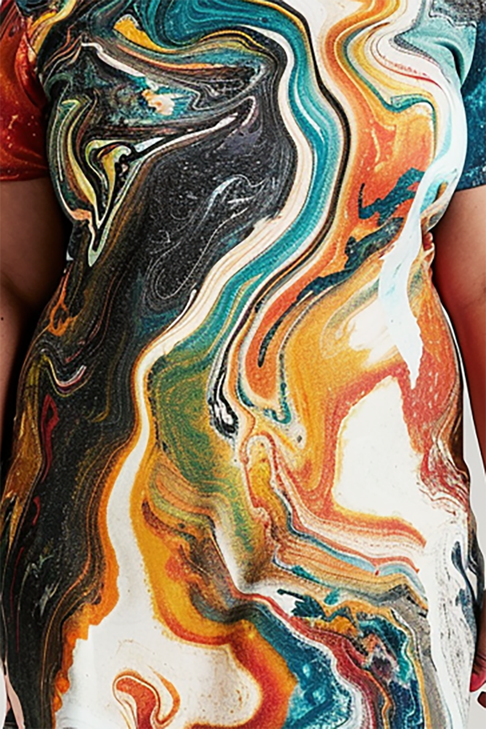 Design Plus Size Casual Multicolor Marble Print Round Neck Short Sleeve T-Shirt Mini Dresses [Pre-Order]