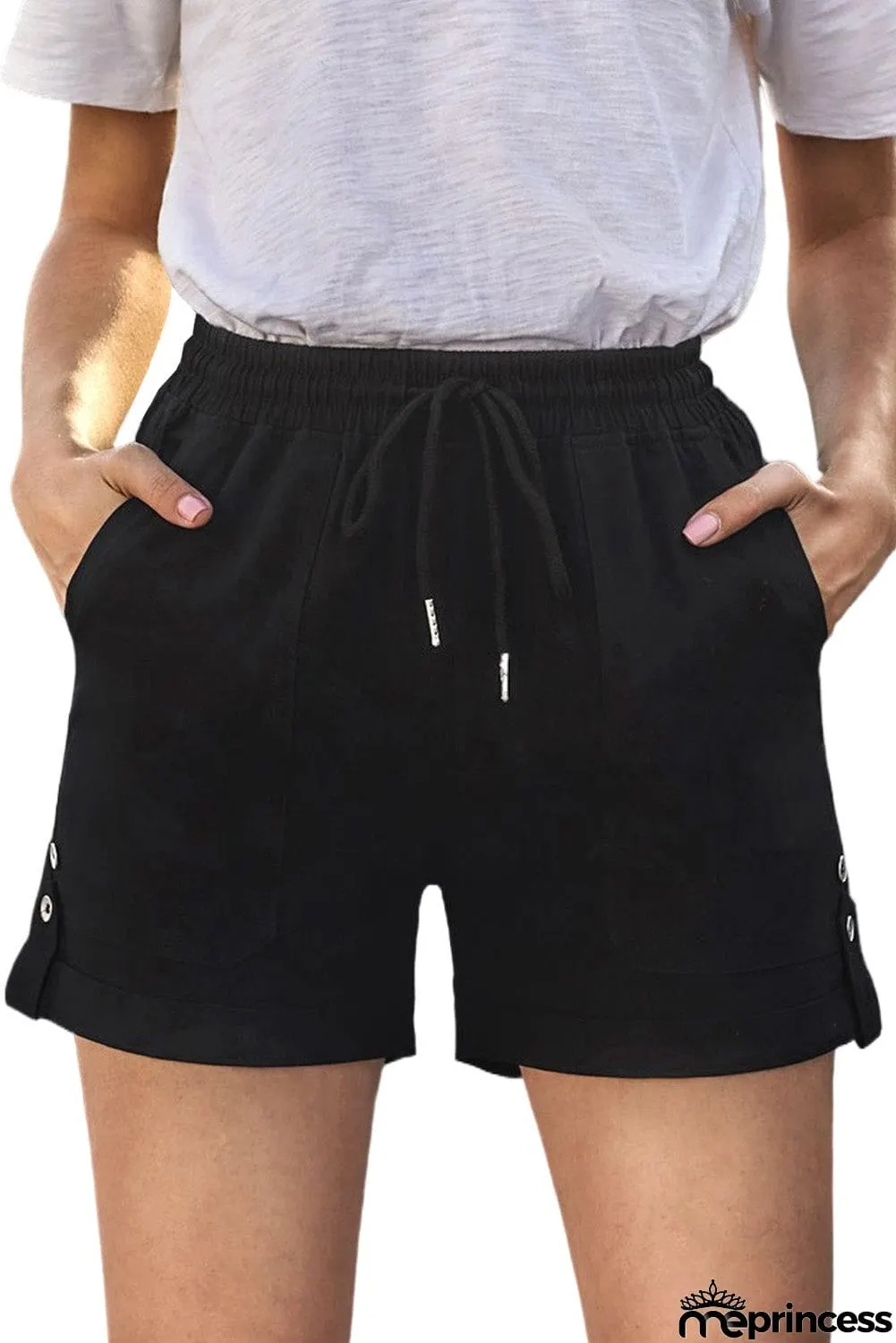 Casual Black Elastic Waistband Pocket Drawstring Shorts with Button