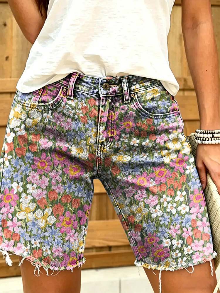 Ethnicity Bohemia Flowers Women's Art Print Casual Denim Shorts