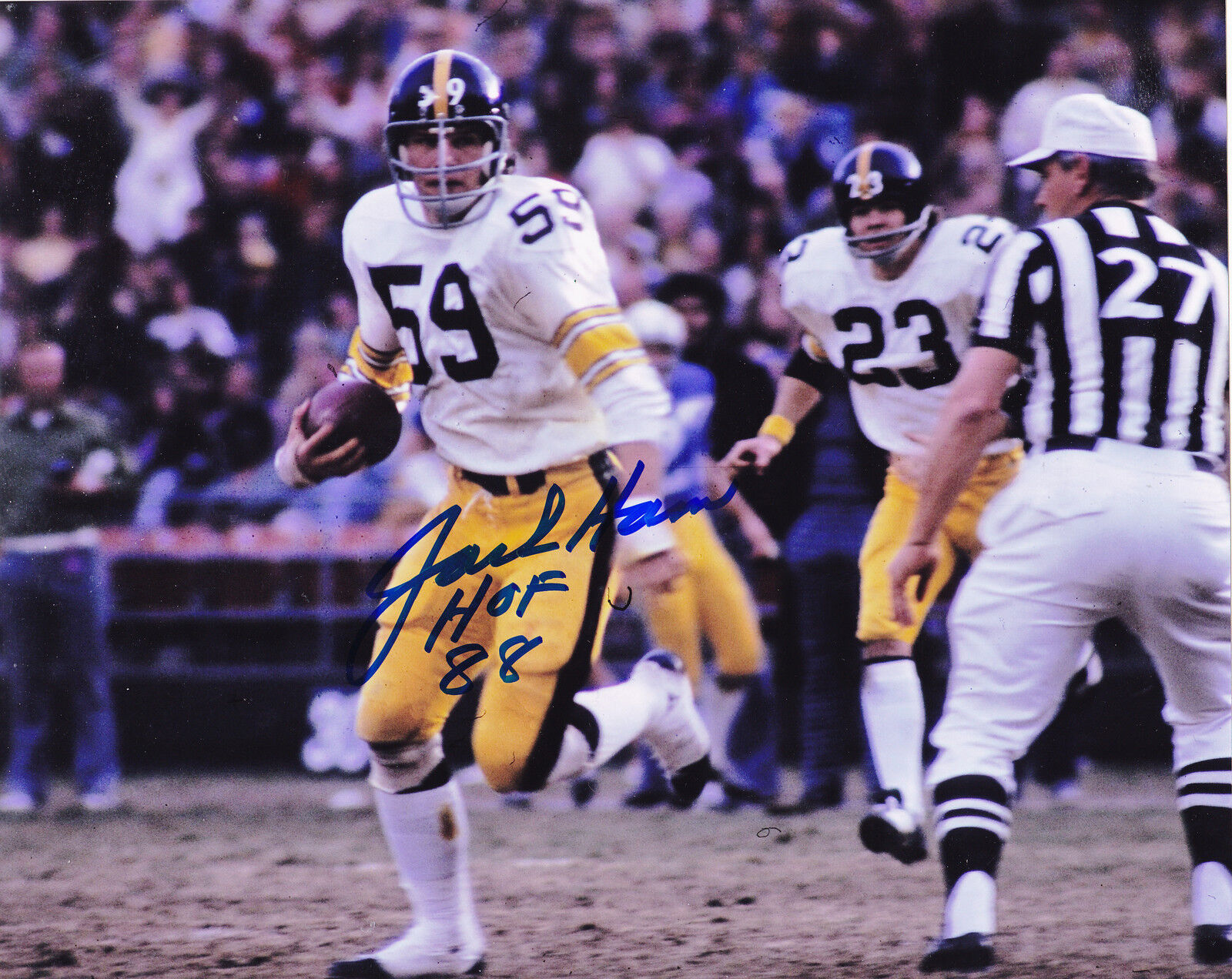 JACK HAM PITTSBURGH STEELERS HOF 88 ACTION SIGNED 8x10