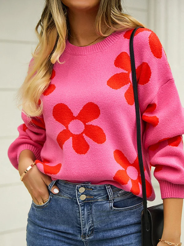 Knitted Flower Loose Long Sleeves Round-Neck Sweater Tops Pullovers Knitwear